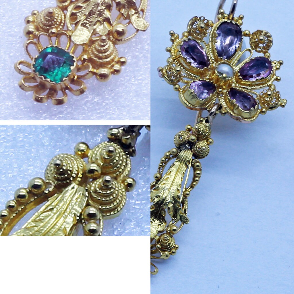 Antique Georgian Earrings 15ct Gold Emeralds Amethysts Pearls Cannetille (6709)
