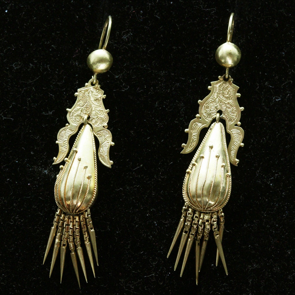 Antique Victorian Earrings 15ct Gold Engraving Tassels Filigree Granulation(6889)