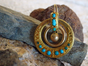 Antique Earrings Gold Turquoise Hoops Victorian Italian Classic Revival (6240)