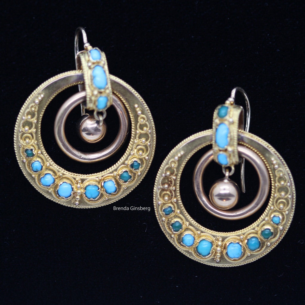 Antique Earrings Gold Turquoise Hoops Victorian Italian Classic Revival (6240)