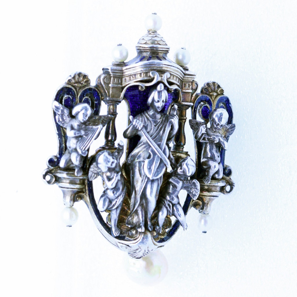 Froment-Meurice Brooch Renaissance Revival Silver Gold Pearl Enamel Unisex (6892)