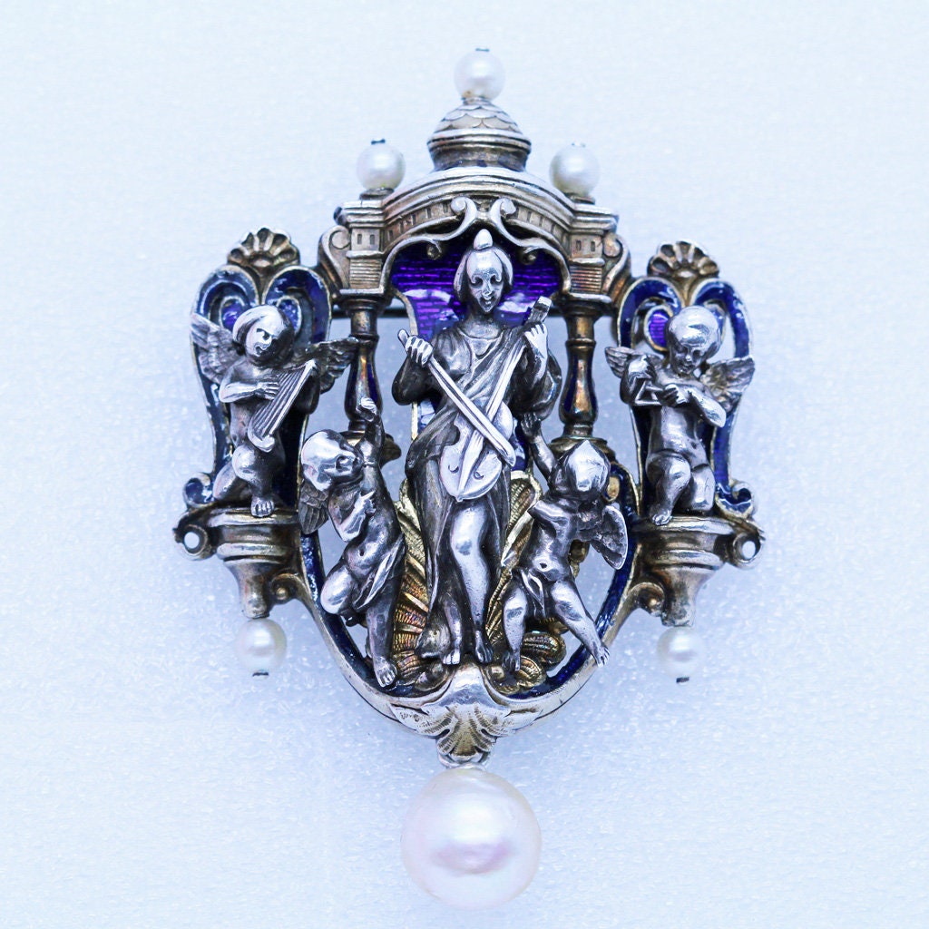 Froment-Meurice Brooch Renaissance Revival Silver Gold Pearl Enamel Unisex (6892)