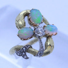 Art Nouveau Ring 18k Gold Platinum Opals Diamonds Snakes Clover French (6898)
