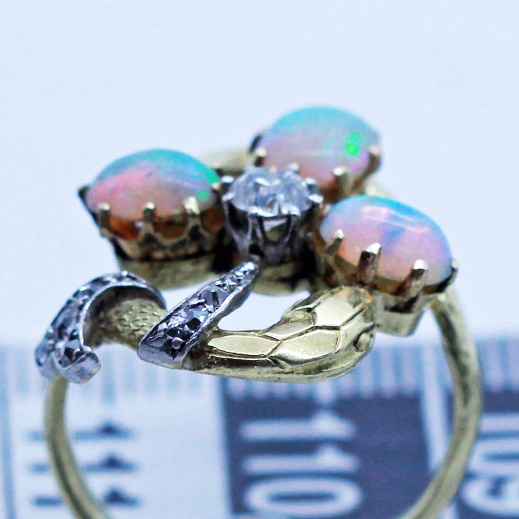 Art Nouveau Ring 18k Gold Platinum Opals Diamonds Snakes Clover French (6898)