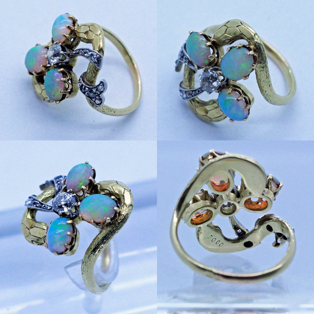 Art Nouveau Ring 18k Gold Platinum Opals Diamonds Snakes Clover French (6898)