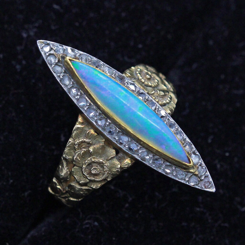 Antique Art Nouveau Ring 8k Gold Platinum Diamonds Opal w Appraisal (6899)