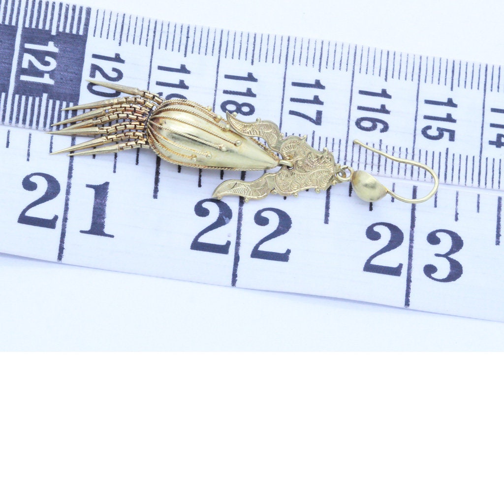 Antique Victorian Earrings 15ct Gold Engraving Tassels Filigree Granulation(6889)