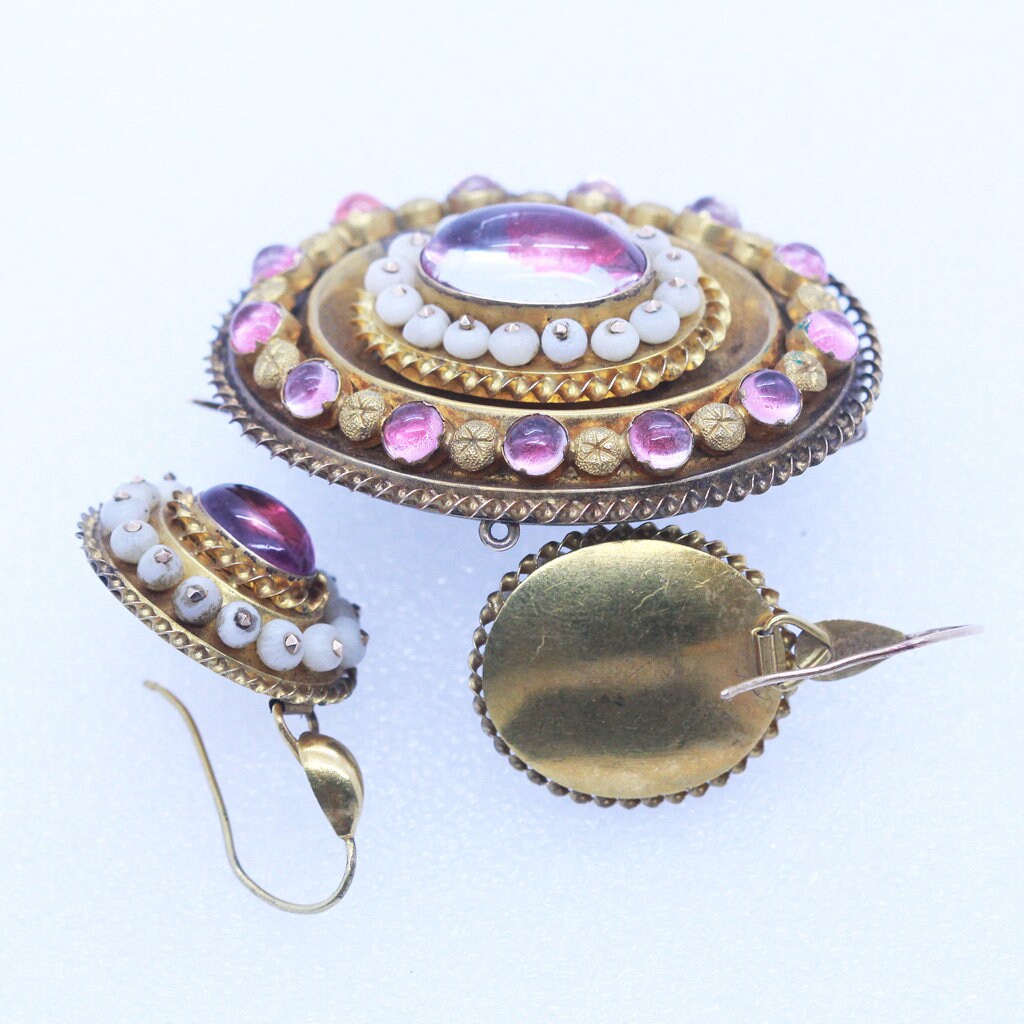 Antique Victorian Earrings Brooch Set Gold Gems Crl Boxed w Appraisal(5132)