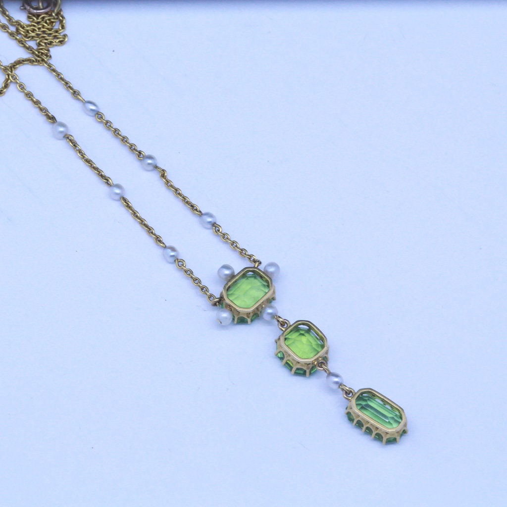 Antique Edwardian Pendant Necklace 18k Gold Peridot Pearls w Appraisal (6891)
