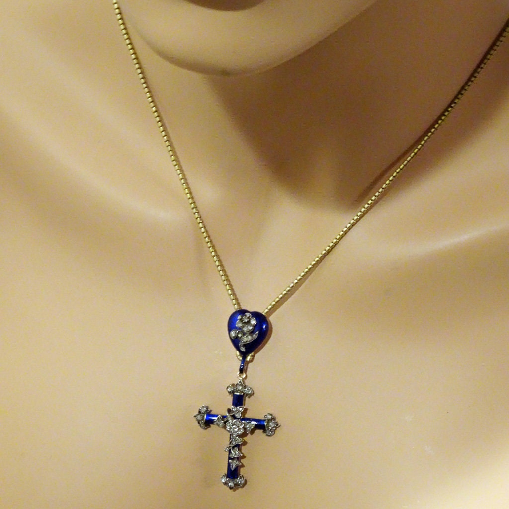 Victorian Necklace Pendant Cross Slide Locket Heart Gold Diamonds Enamel (6902)