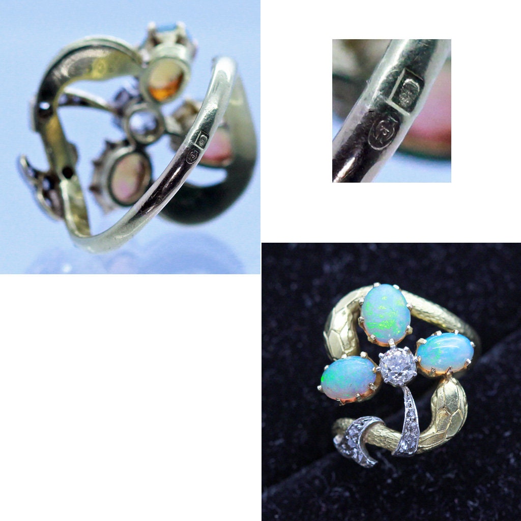 Art Nouveau Ring 18k Gold Platinum Opals Diamonds Snakes Clover French (6898)