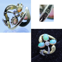 Art Nouveau Ring 18k Gold Platinum Opals Diamonds Snakes Clover French (6898)