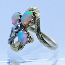 Art Nouveau Ring 18k Gold Platinum Opals Diamonds Snakes Clover French (6898)