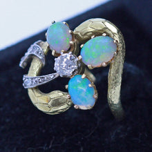 Art Nouveau Ring 18k Gold Platinum Opals Diamonds Snakes Clover French (6898)