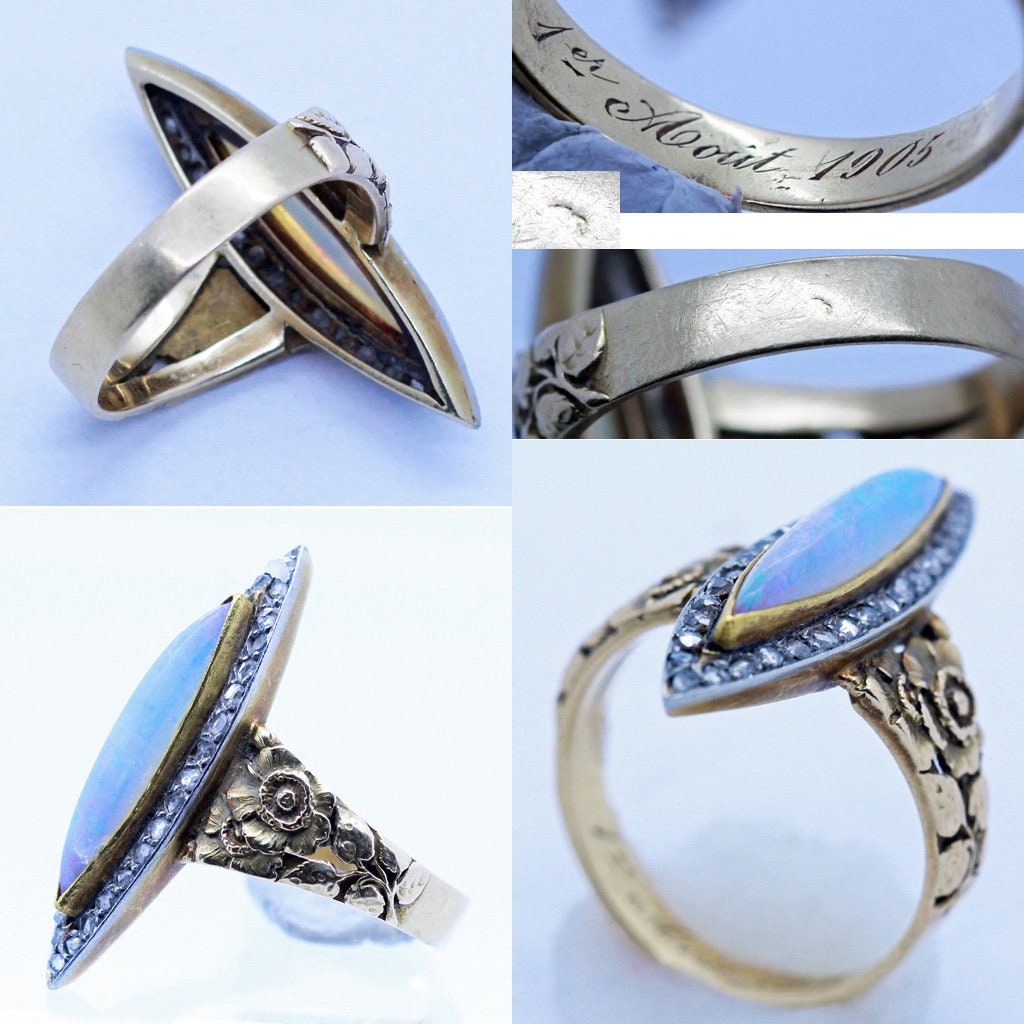 Antique Art Nouveau Ring 8k Gold Platinum Diamonds Opal w Appraisal (6899)