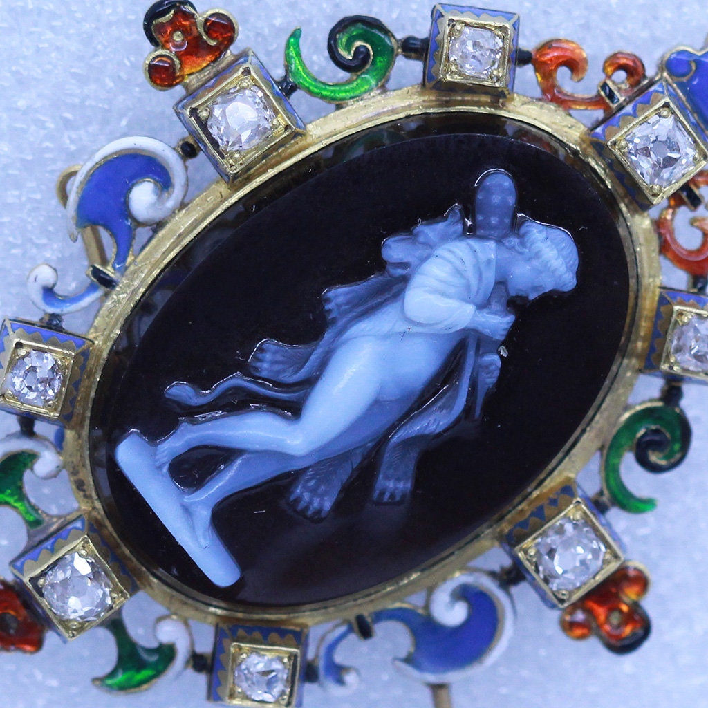 Jules Wiese Antique Pendant Cameo Hercules Lion 18k Gold Diamonds Enamel (6900)