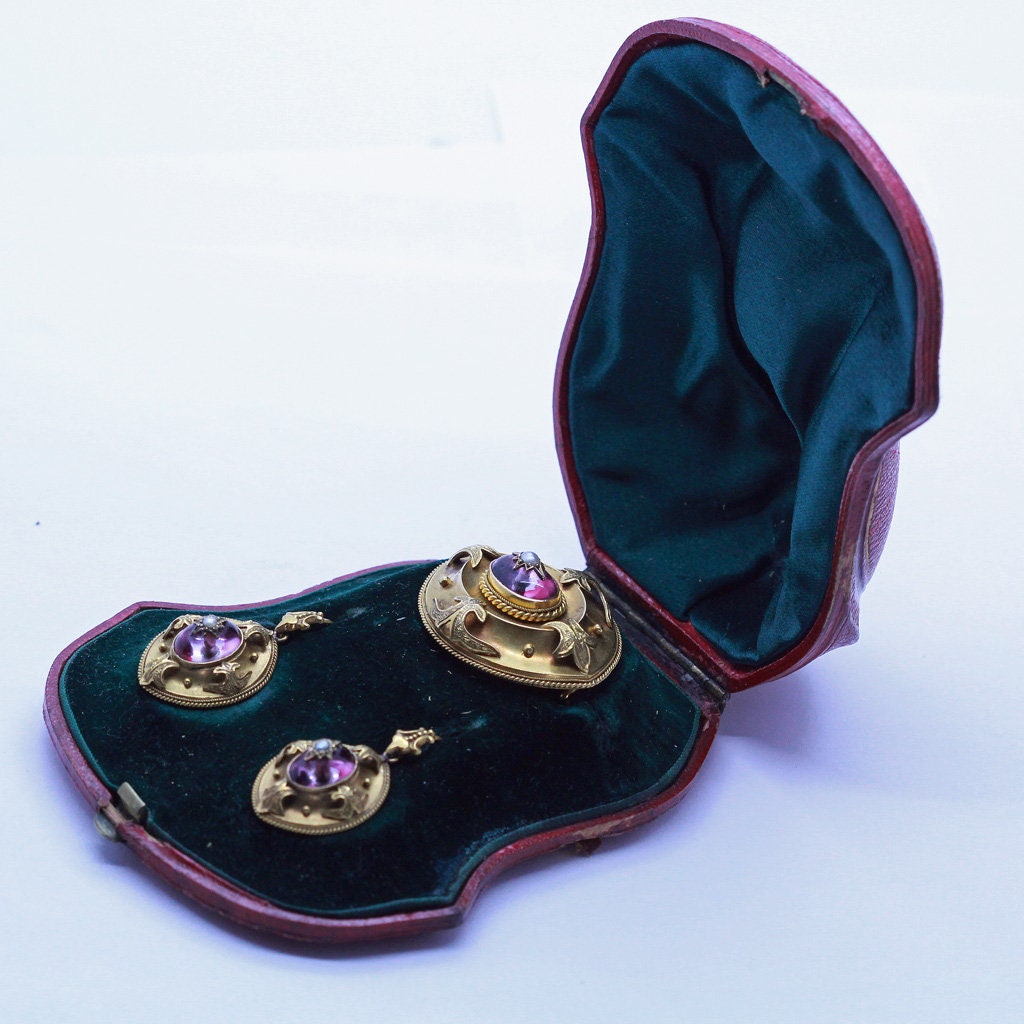 Antique Victorian Earrings Brooch Jewelry Set 18k Gold Amethysts Pearls (6906)
