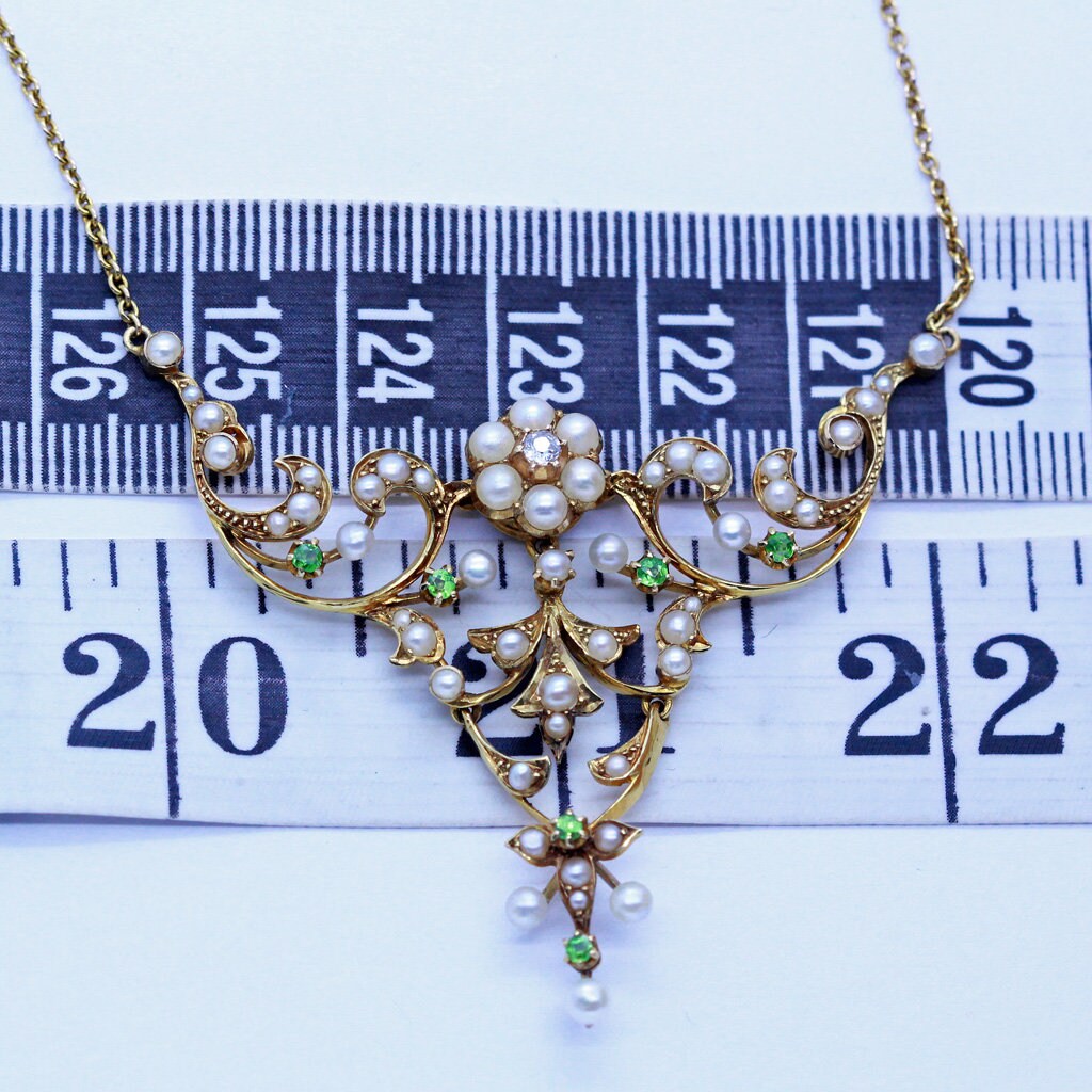 Antique Belle Epoque necklace 15ct Gold Pearls Demantoid Garnets Diamond (6912)