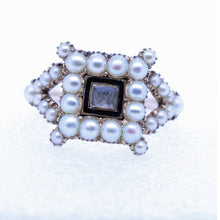 Antique Georgian Ring 15ct Gold Pearls Enamel Hair Mourning Chased Gold (6833)
