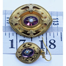 Antique Victorian Earrings Brooch Jewelry Set 18k Gold Amethysts Pearls (6906)
