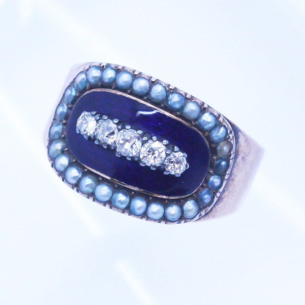 Antique Georgian Memorial Ring Gold Diamonds Enamel Unisex Man Woman (6907)