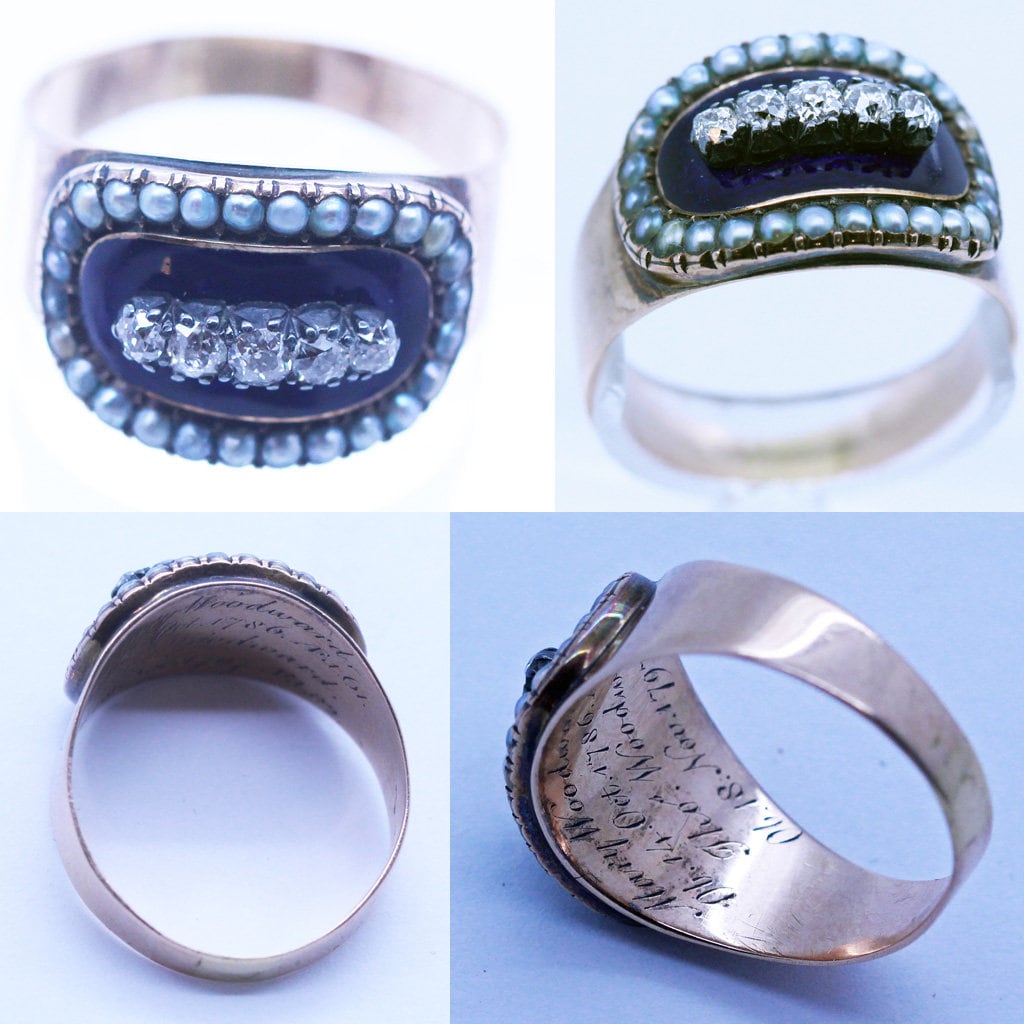 Antique Georgian Memorial Ring Gold Diamonds Enamel Unisex Man Woman (6907)