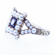 Antique Georgian Ring 15ct Gold Pearls Enamel Hair Mourning Chased Gold (6833)