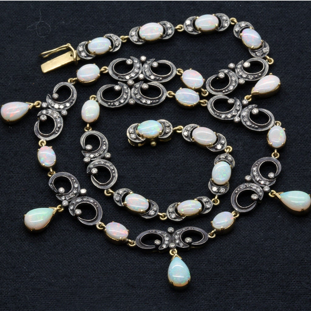 Antique Victorian Opal & Diamond Necklace 18k Gold with Appraisal (3764)