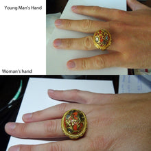 Antique Ring 22k Gold large Natural Crl Cabochon Diamonds Unisex India (6828)