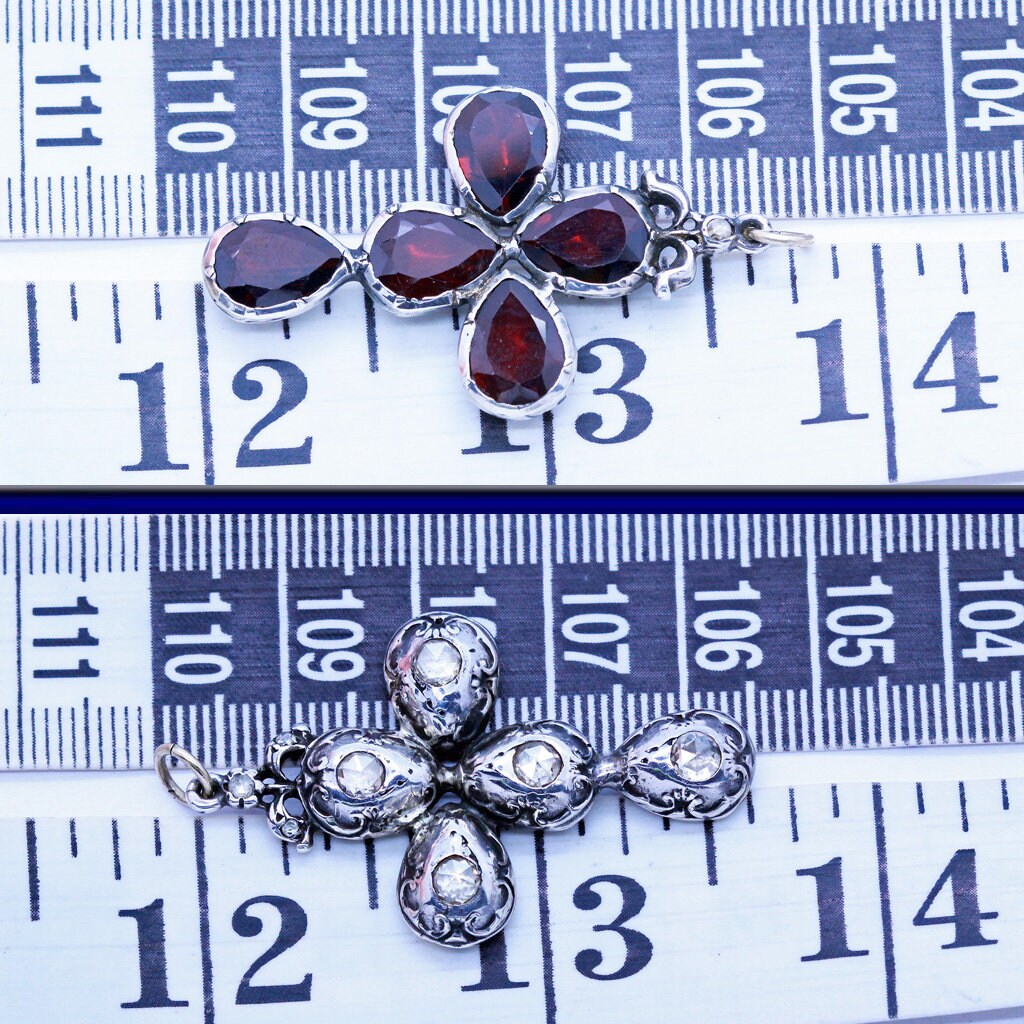 Antique Georgian Cross Pendant Silver Diamonds Garnets Reversible Unisex (6908)