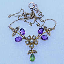 Antique Edwardian Necklace 15ct Gold Amethyst Peridot Pearl Suffragette (6923)