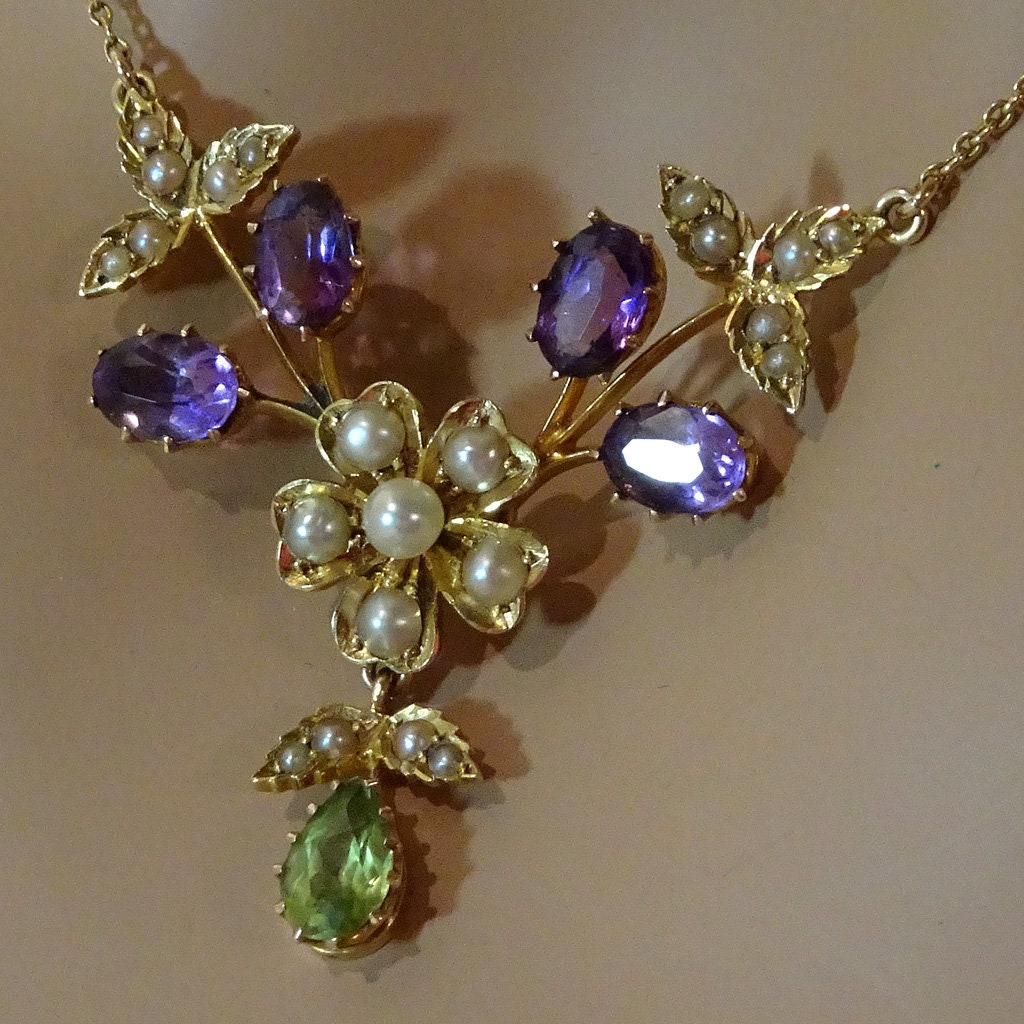 Antique Edwardian Necklace 15ct Gold Amethyst Peridot Pearl Suffragette (6923)