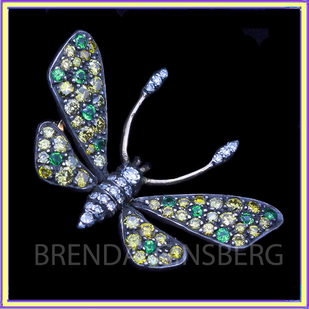 Vintage Butterfly Brooch Colored Diamonds Green Garnet Gold w Appraisal (6835)