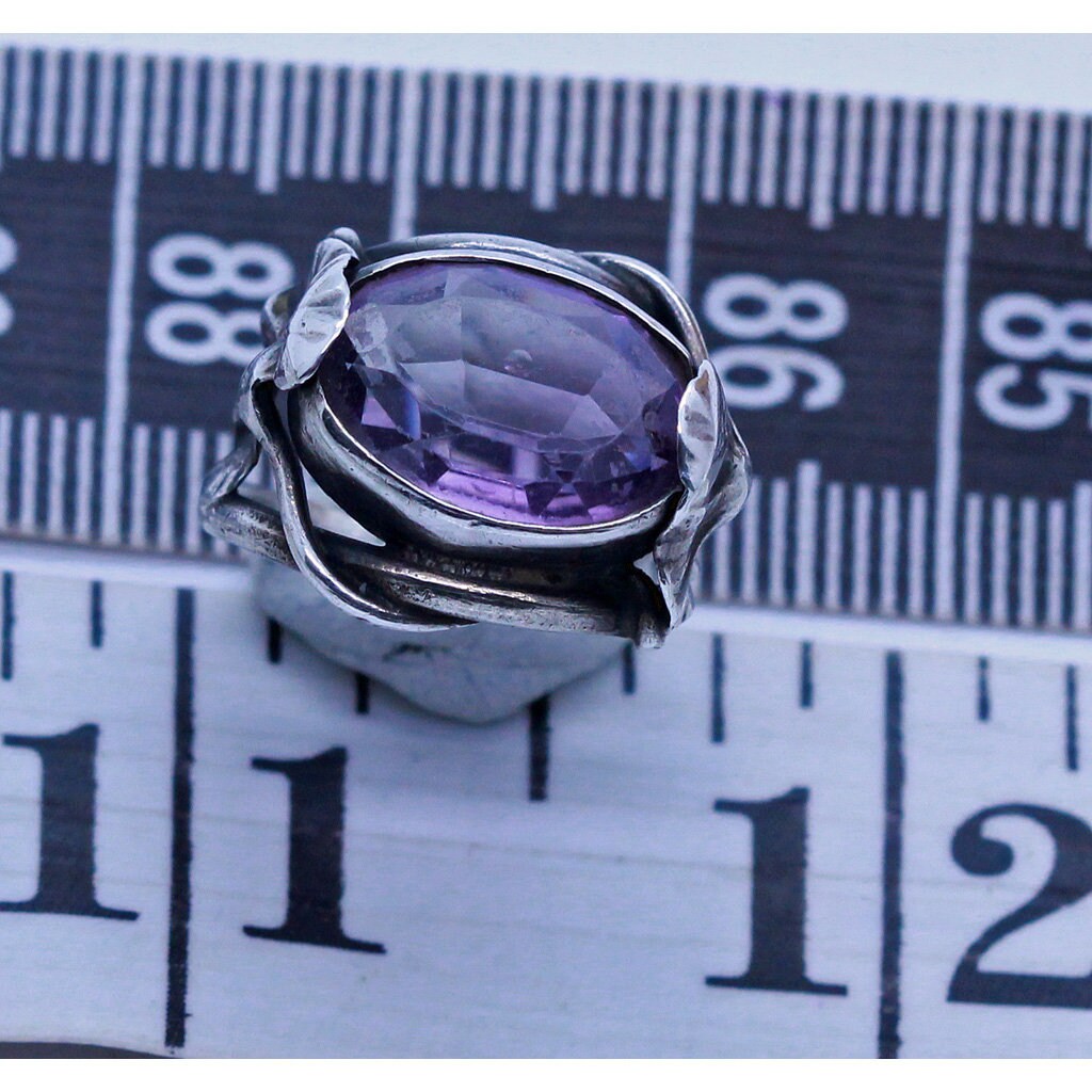 Antique Art Nouveau Ring Silver Amethyst twining Foliage DuMont French (6929)