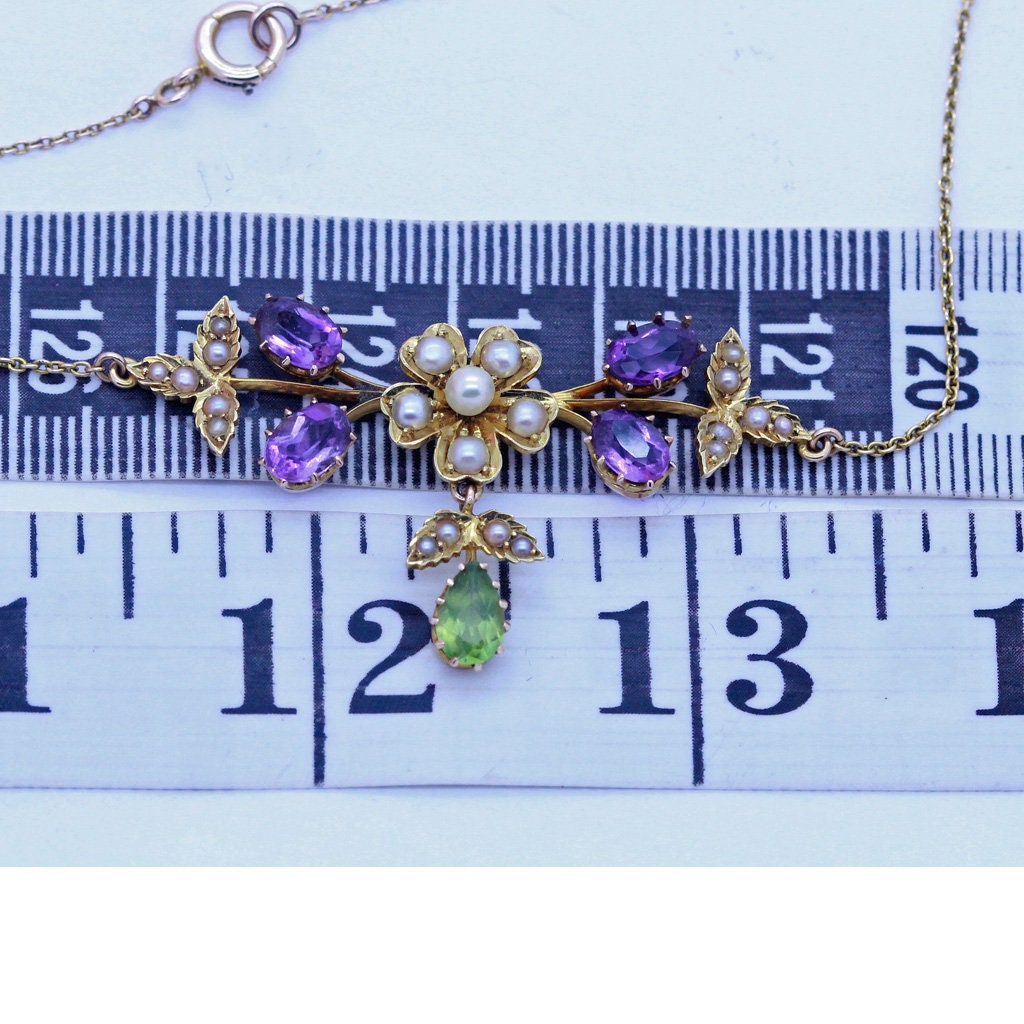 Antique Edwardian Necklace 15ct Gold Amethyst Peridot Pearl Suffragette (6923)