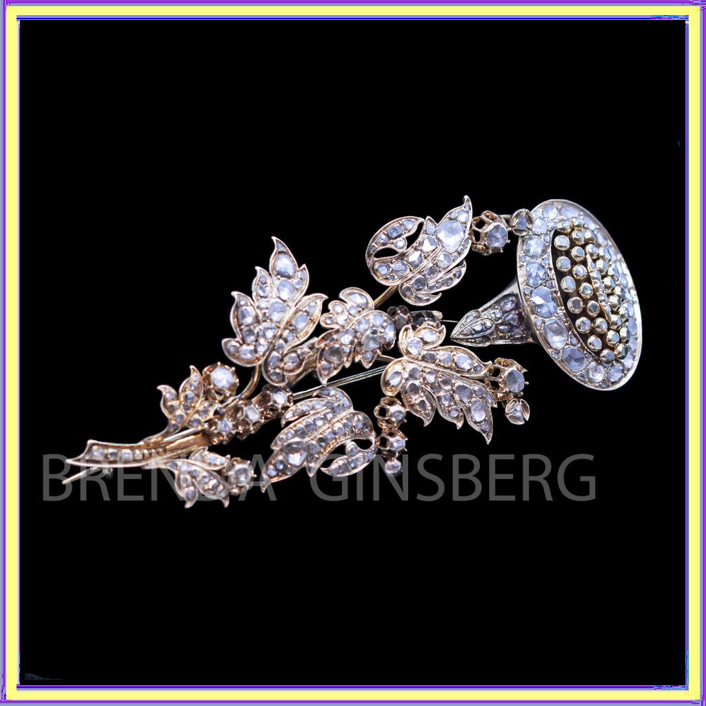 Antique Georgian Brooch Pendant Gold Diamonds Floral En Tremblant (6936)