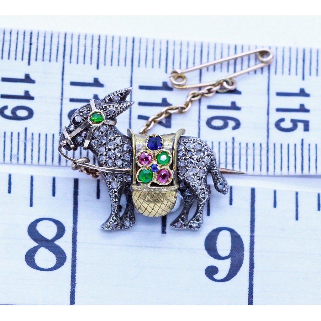 Antique Brooch Donkey Gold Diamonds Demantoid Garnet Ruby Sapphire Unisex(6917)