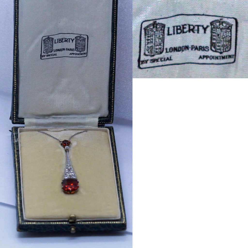 Liberty & Co Antique Necklace Platinum Diamonds Citrine in Original Box (6928)