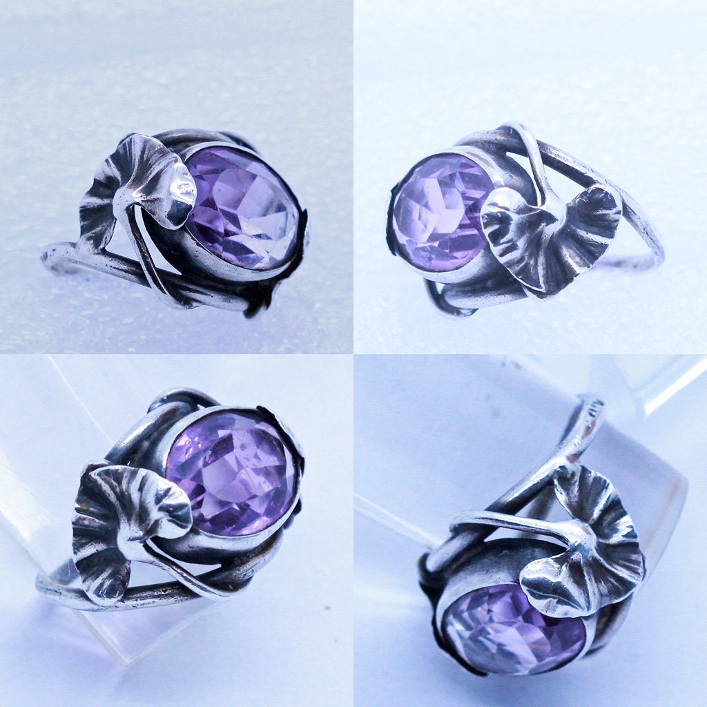 Antique Art Nouveau Ring Silver Amethyst twining Foliage DuMont French (6929)