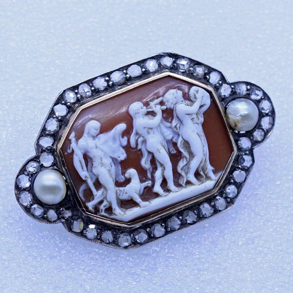 Antique Georgian Cameo Brooch Diamonds Gold Pearls Bacchic Dance Music (5648)