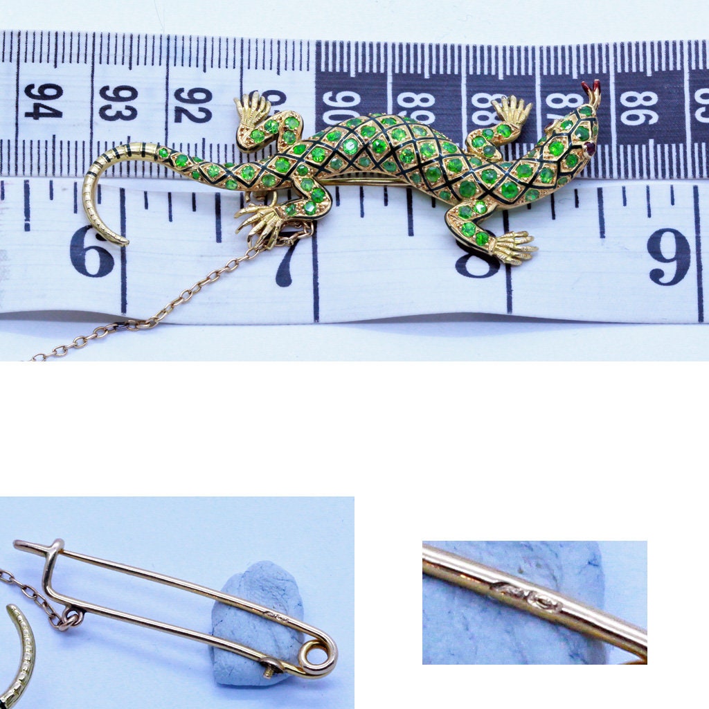 Antique Lizard Brooch Demantoid Garnet 18k Gold Enamel Ruby Unisex (6879)