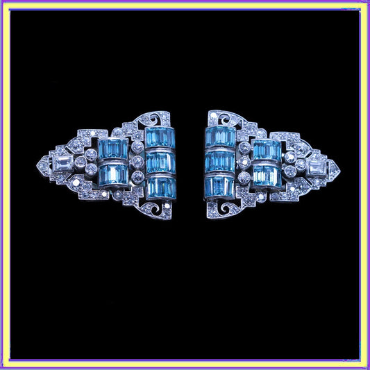 Art Deco Pair Dress Clips Brooch Convertible Plat 18k Gold Diamonds Zircons(6939)