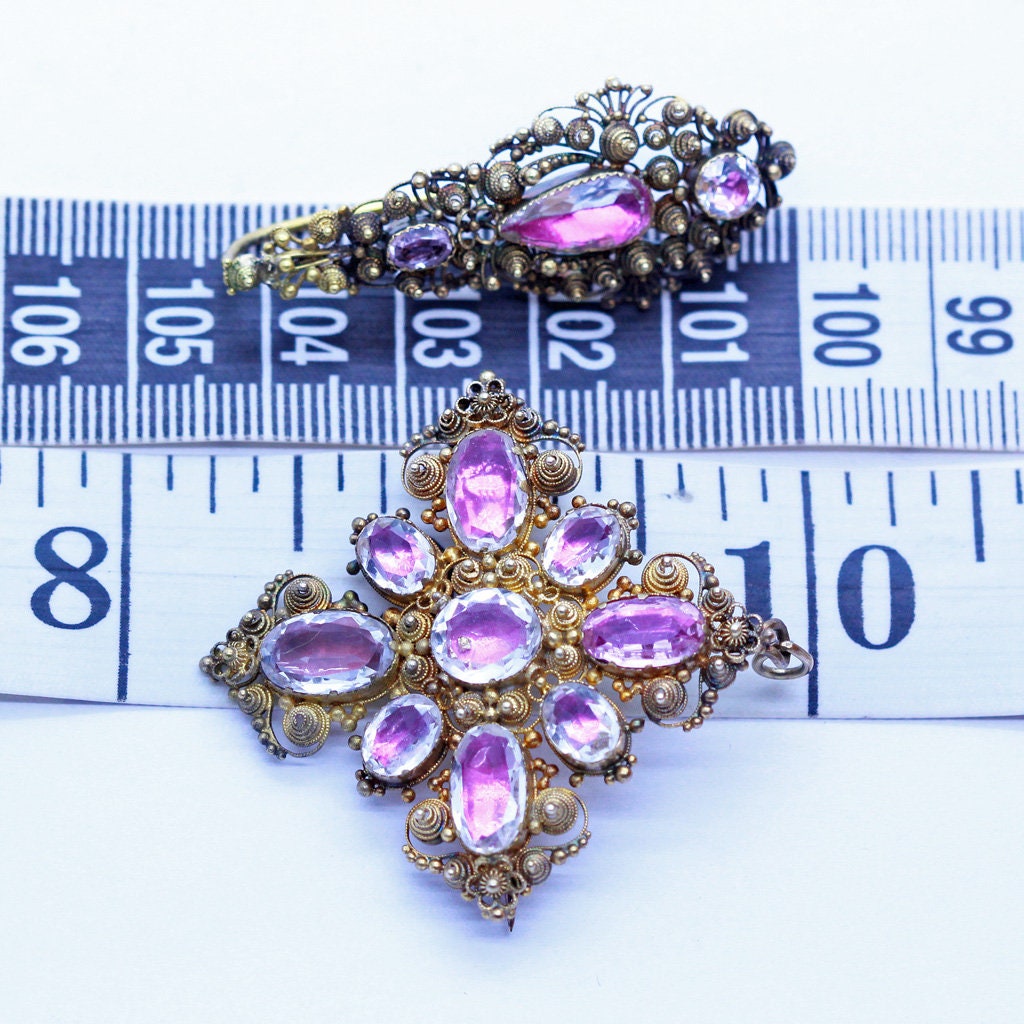 Antique Georgian Earrings Brooch Pendant Set Gold Cannetille Foiled Gems (6938)