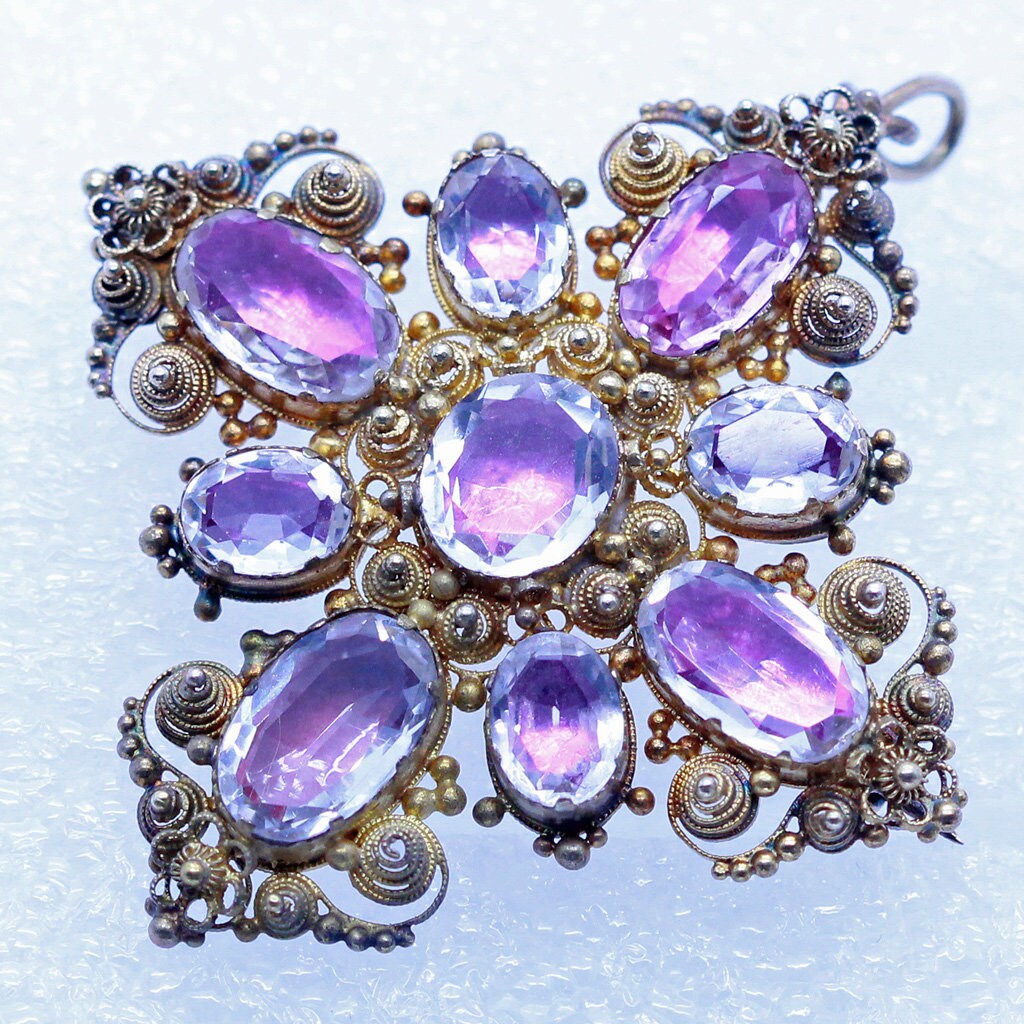 Antique Georgian Earrings Brooch Pendant Set Gold Cannetille Foiled Gems (6938)