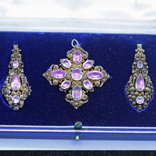 Antique Georgian Earrings Brooch Pendant Set Gold Cannetille Foiled Gems (6938)