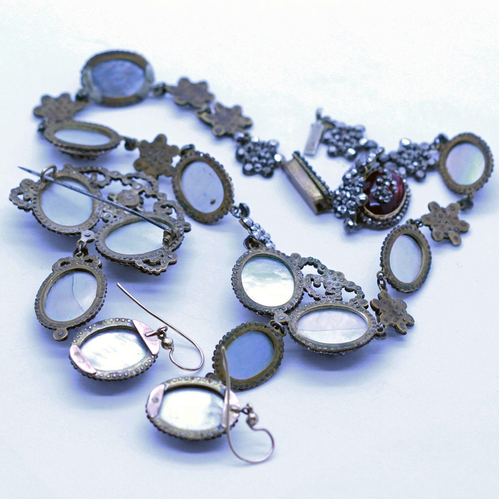 Antique Georgian Jewelry Set Cut Steel Paste Gold Necklace Earrings Brooch (6953)