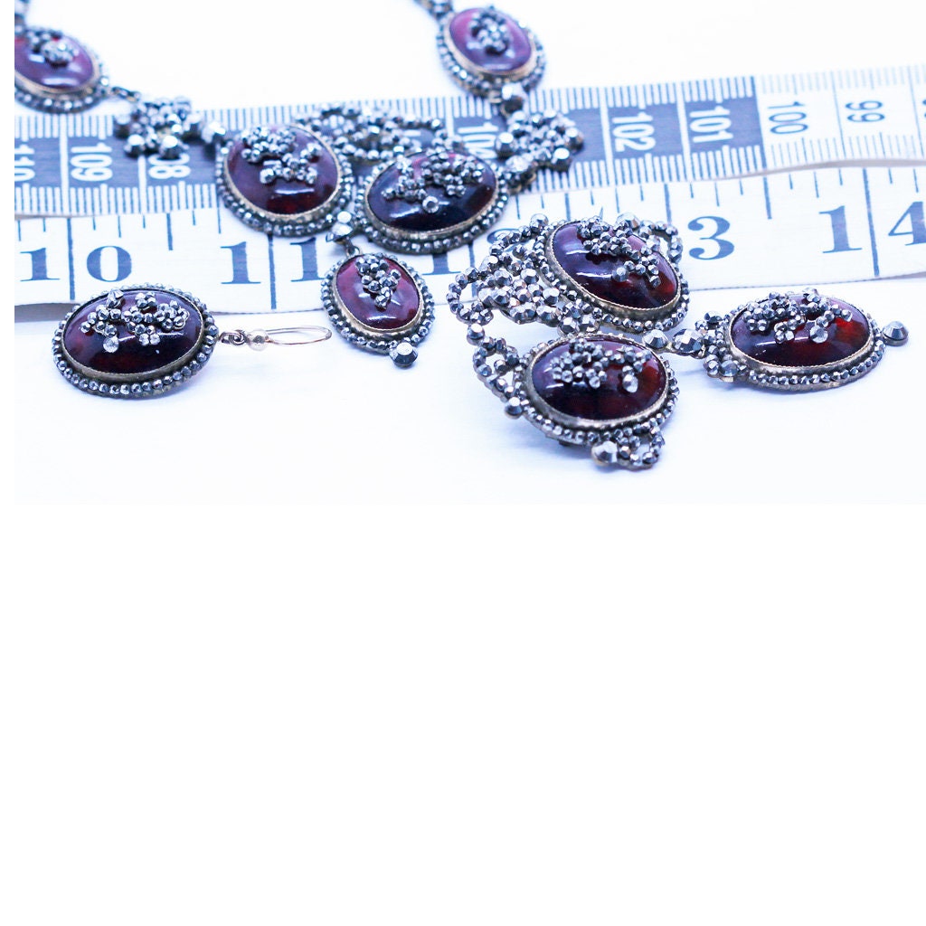 Antique Georgian Jewelry Set Cut Steel Paste Gold Necklace Earrings Brooch (6953)