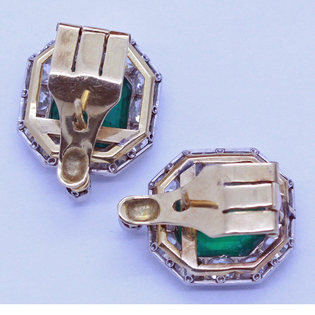 Antique Earrings Earclips Gold Platinum Emeralds Diamonds w Appraisal (6947)
