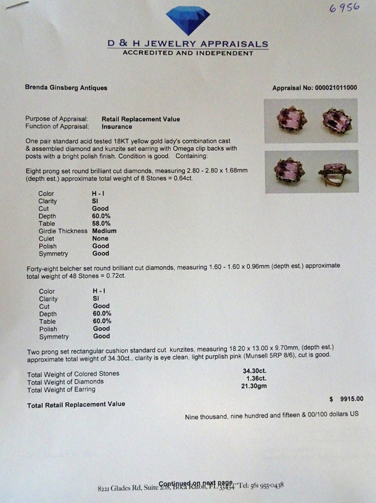 Vintage Earrings Ear Clips 18k Gold Diamonds Pink Kunzite C1960 Appraisal (6956)