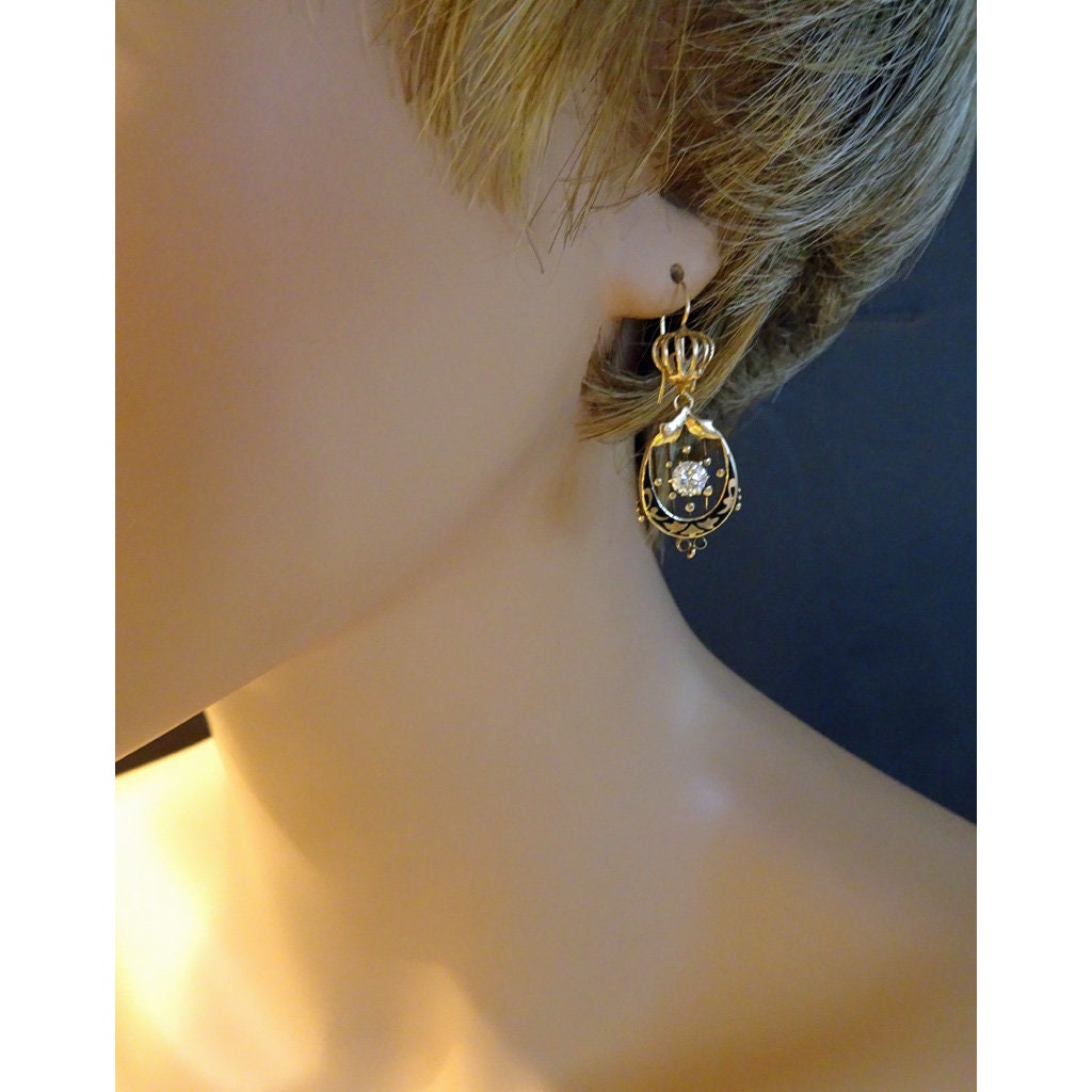Antique Late Victorian Earrings 14k Gold Diamonds Black Enamel Mourning (6957)